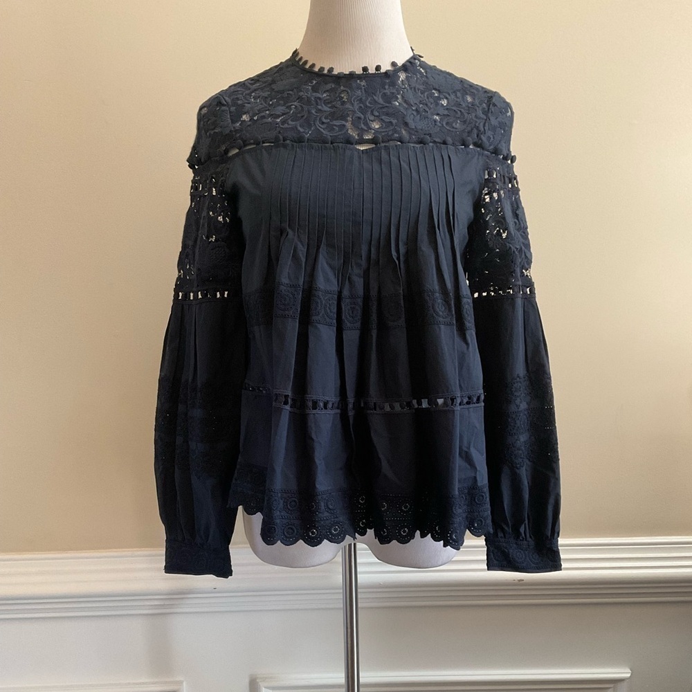 Sea New York Blouse Size 0 Blue Eyelet Boho Cottagecore Long Sleeve Cotton